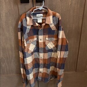 Mens Ariat button down medium plaid brown blue cream snap long sleeve flannel